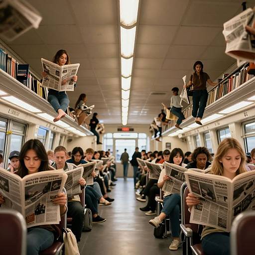 Photograph of a bus filled with people reading newspapers, with some standing on upper shelves, under bright fluorescent lights.