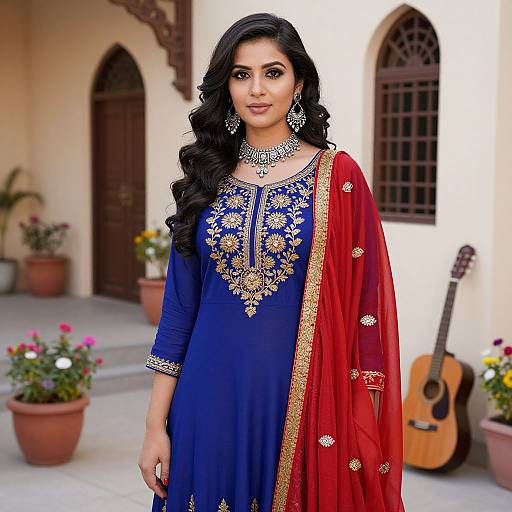 Photograph of an Indian woman with long black hair, wearing a blue and red embroidered traditional salwar kameez, standing in a courtyard with p