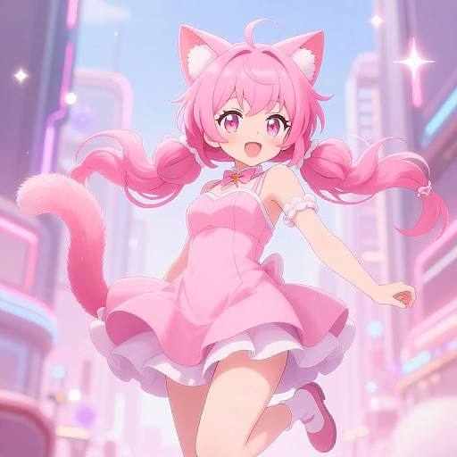 Anime-style digital drawing of a pink-haired catgirl with fluffy ears and tail, wearing a pink dress, jumping joyfully in a glowing, neon-l