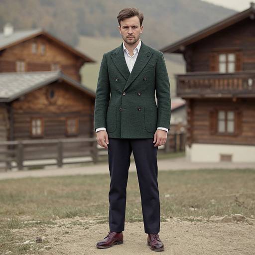 Photograph of a serious, bearded man in a dark green blazer, white shirt, black pants, and brown shoes, standing in front of