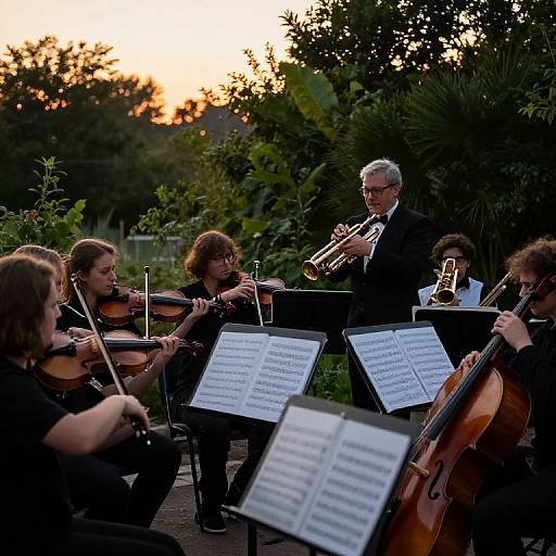 Photograph of a string quartet with a trumpet player, performing outdoors at sunset, surrounded by lush greenery and music stands.