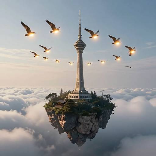 Glowing Birds Over Floating Island