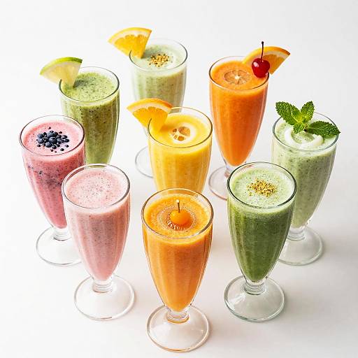 Photograph of eight colorful smoothies in glass cups, each with different toppings like lemon slices, cherries, mint, and fruit, arranged on a