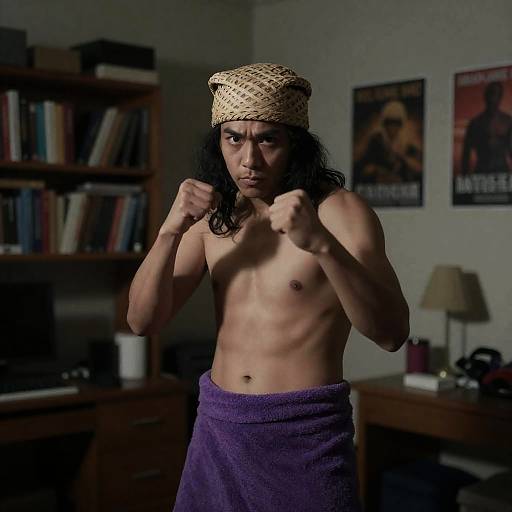 Intense Shirtless Man in Cluttered Room