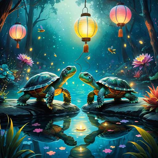 Enchanting Turtles with Glowing Lanterns in Mystic Pond