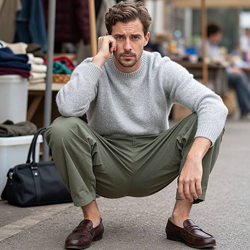 Photograph of a handsome, brown-haired man in a gray sweater, green pants, and brown loafers, squatting on a city street, with
