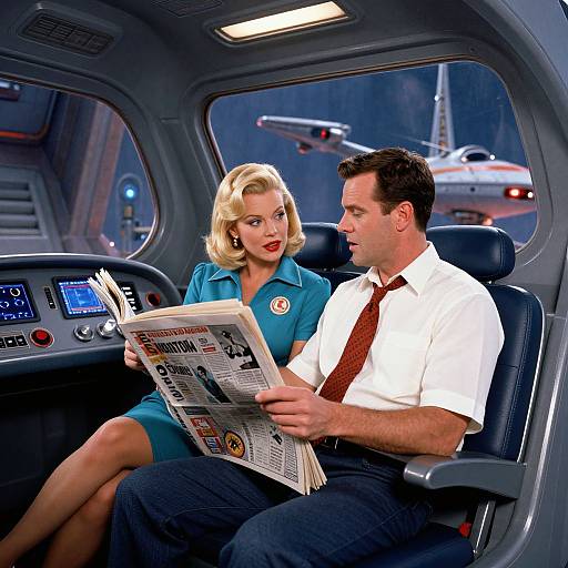 Photograph of a 1950s-style blonde woman in a blue dress and a dark-haired man in a white shirt and red tie, reading a