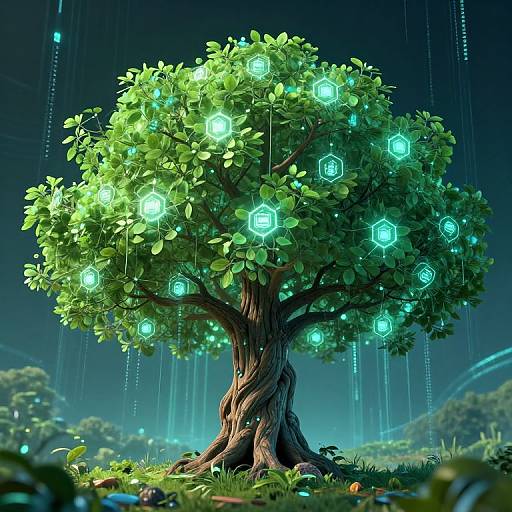 Digital artwork of a glowing, hexagon-shaped, neon-blue tree with luminous leaves in a rain-filled night forest, surrounded by blurred trees and rain