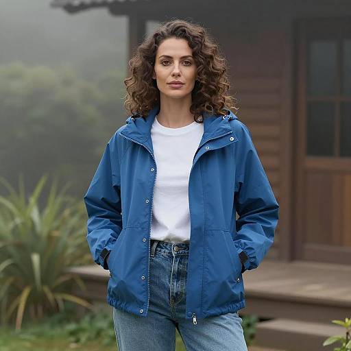 Woman in Blue Jacket in Misty Landscape