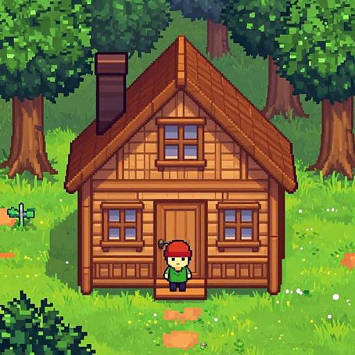 Cozy Pixel Art Wooden Cabin Scene