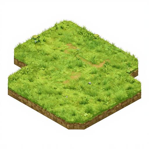 Isometric digital illustration of a grassy, square plot with a brown soil base, featuring uneven grass patches and small rocks.