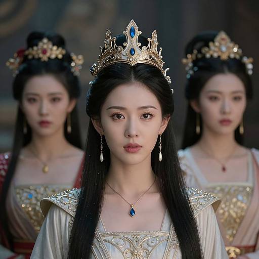 Photorealistic CGI of three East Asian women with long black hair, wearing ornate gold crowns, white and gold dresses, and blue gemstone