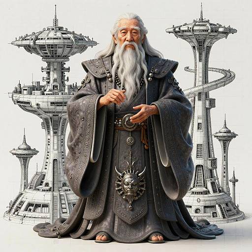 Photorealistic digital artwork of an elderly, white-bearded wizard in dark, ornate robes, holding a pendant, standing before futuristic, detailed city