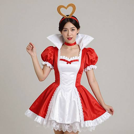 Photograph of an Asian woman in a red and white Snow White costume with puffed sleeves, lace trim, heart-shaped headpiece, and red ch