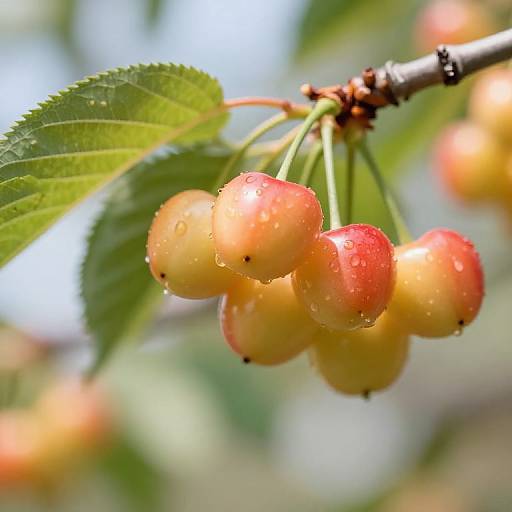 Close-up photograph of ripe, red and yellow cherry clusters on a branch with green leaves, dewdrops visible, set against a softly blurred background.
