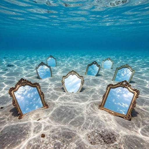 Underwater photograph of seven ornate, gold-framed mirrors with reflective blue skies, scattered on a sunlit, clear ocean floor.