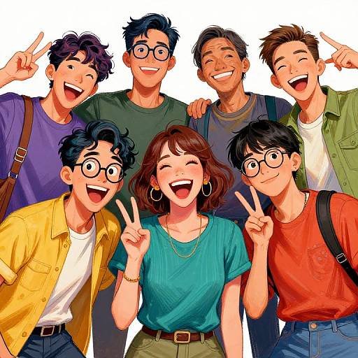 Colorful anime-style illustration of six smiling, diverse, young adults making peace signs, with varied clothing and accessories, against a white background.