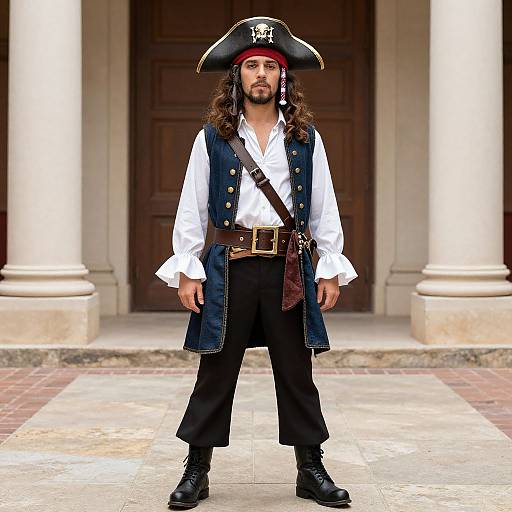 Photograph of a bearded man with long hair, dressed as a pirate with an eye patch, tricorn hat, white shirt, blue vest,