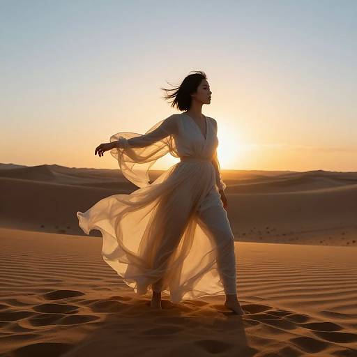 Silhouetted woman in flowing white dress dancing in golden desert sunset, sun behind her, sand dunes in background, sky gradient from blue to