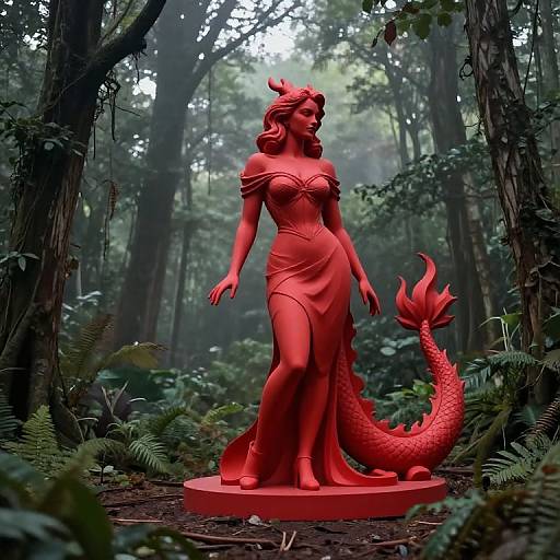 Photorealistic digital art of a red, mermaid-like statue with horns, in an enchanted forest, wearing an off-shoulder, flowing dress