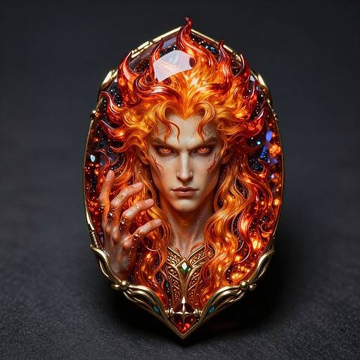 Digital artwork of a fierce, pale-skinned male with fiery orange hair, intense gaze, and golden ornate helmet, set against a dark background.