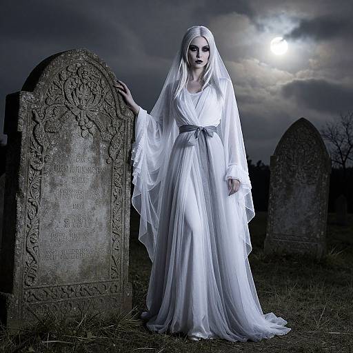 Photograph of a pale, ghostly woman in a white, flowing gown and veil, standing in a moonlit cemetery beside ornate gravestones