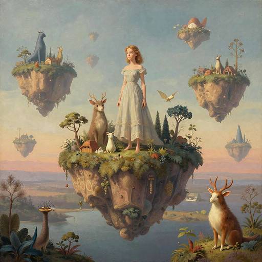 Fantastical painting of a girl in a white dress standing on a floating island with animals, surrounded by floating islands, pastel sky. Whims