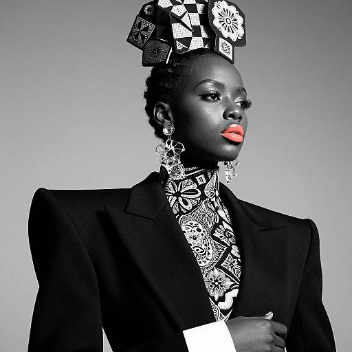Photograph of a confident, dark-skinned woman in a black, patterned suit with a geometric headpiece, bright orange lipstick, and large silver