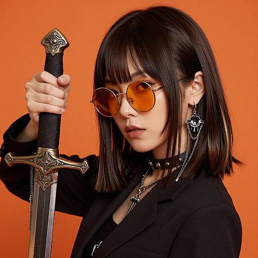 Photograph of an Asian woman with black bob haircut, orange aviator sunglasses, black choker, holding a ornate sword against an orange background.