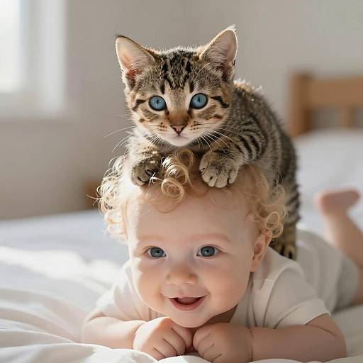 Baby Lying on Bed with Kitten on Head