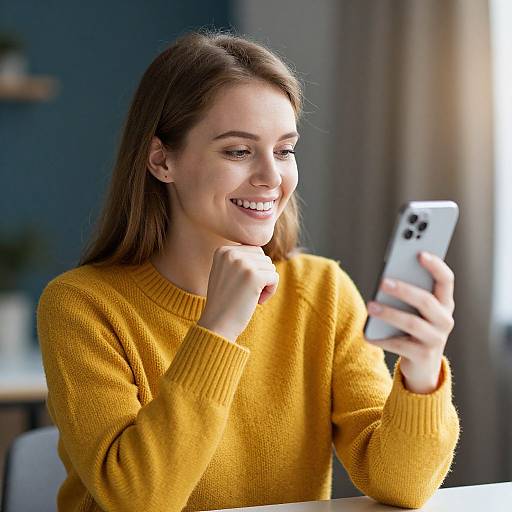 Photograph of a smiling young woman with long brown hair, wearing a mustard yellow sweater, holding a white smartphone, looking at it with delight in a
