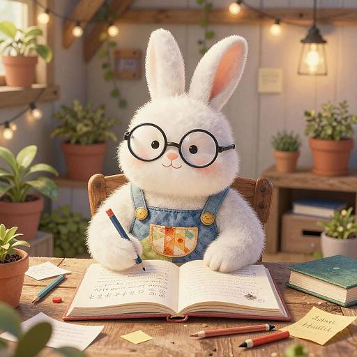 Cute, white, fluffy bunny with round glasses and denim overalls reads an open book at a wooden desk in a cozy, plant-filled room with
