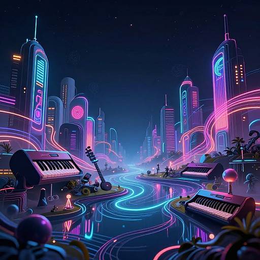 Neon-lit, futuristic cityscape with glowing skyscrapers, winding neon roads, and synth keyboards in a vibrant, cyberpunk digital art style