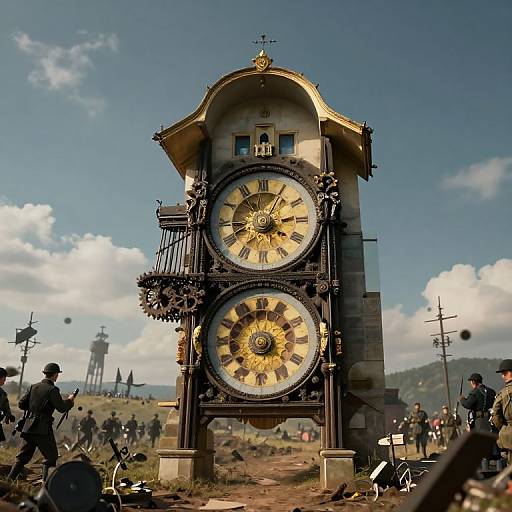 Photograph of an ornate, dual-faced clock tower with golden accents, set against a blue sky with scattered clouds, surrounded by people and outdoor structures