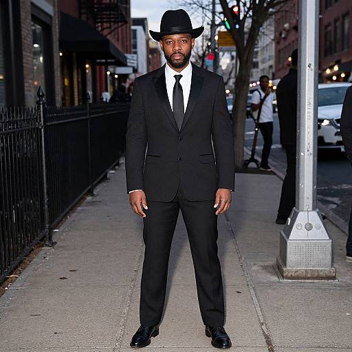 Photograph of a black man in a black suit, white shirt, black tie, and black hat standing on an urban sidewalk, surrounded by city buildings