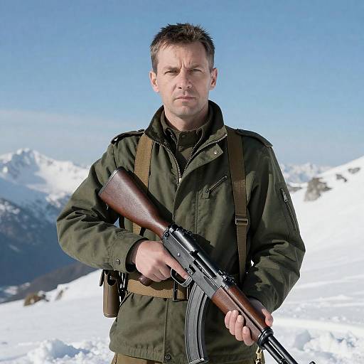 Serious Man in Military Jacket with Rifle