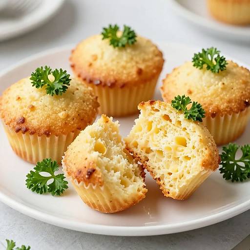 Photograph of golden-brown, crumbly muffins with visible raisins, garnished with fresh parsley, on a white plate, partially sliced