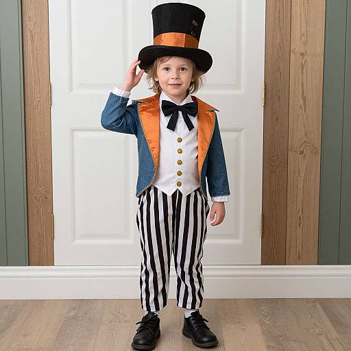 Photograph of a young boy in a black top hat with orange band, blue jacket, orange vest, white shirt, black bowtie, striped black