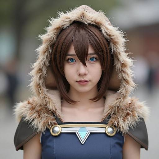 Digital portrait of a young woman with blue eyes, brown hair, and a fur-trimmed hood, wearing a futuristic, dark blue outfit. Bl