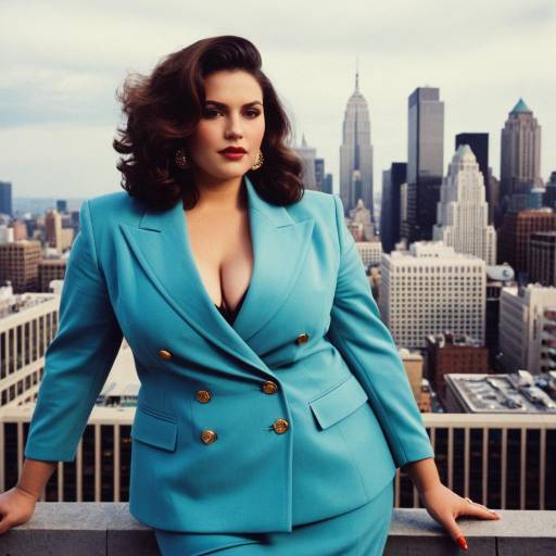 Elegant Woman in Retro Blue Power Suit on City Rooftop