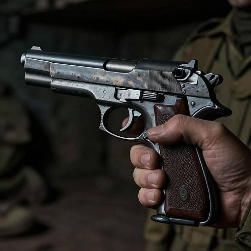 Weathered Handgun in Soldier's Grip