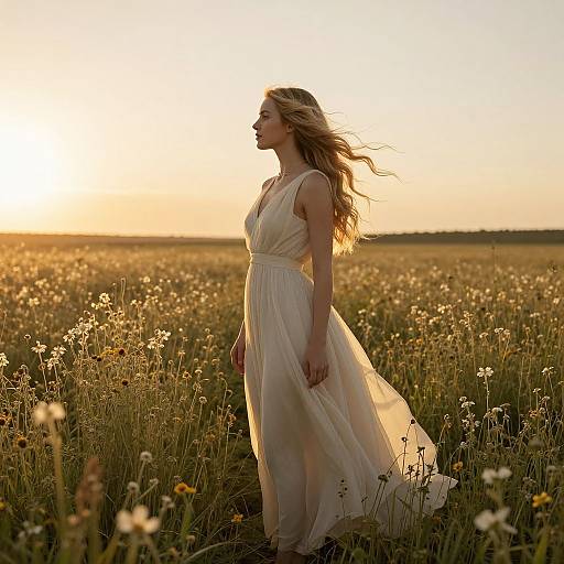 Photograph of a blonde woman in a flowing white dress standing in a sunlit, blooming meadow, with golden hour light casting a warm glow