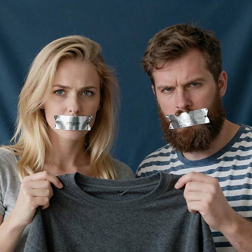 Blonde Woman and Bearded Man with Tape on Mouths Holding Shirt