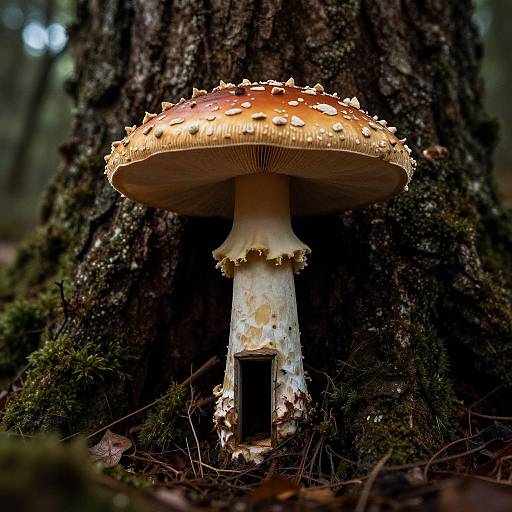 Photograph of a glistening orange-capped mushroom with white speckles, growing from a moss-covered tree trunk in a dark, forested area