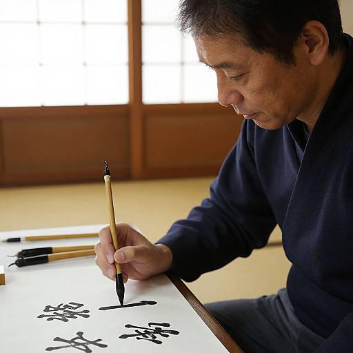 Middle-aged Asian man with short black hair, wearing a dark blue sweater, focuses intently while painting black Japanese calligraphy on white paper. Bright window