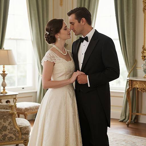 Photograph of a bride and groom in elegant wedding attire, standing in a luxurious, sunlit room with green curtains and ornate furniture.