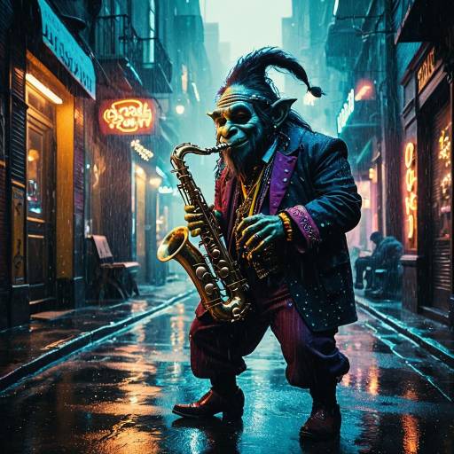 Troll Bard Playing Saxophone in Neon Alley