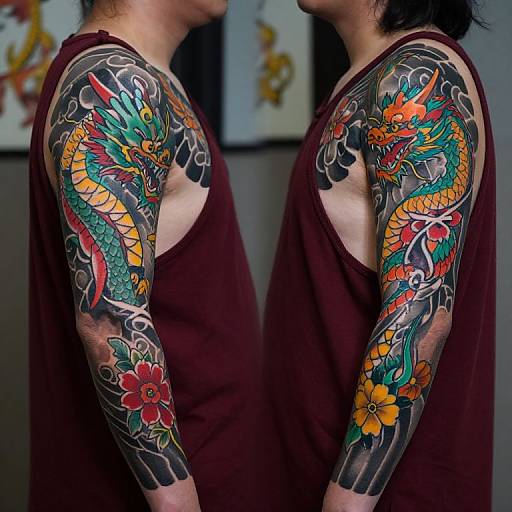 Photograph of a tattooed Asian man in a maroon tank top, showcasing vibrant, intricate dragon and flower sleeve tattoos on both arms.