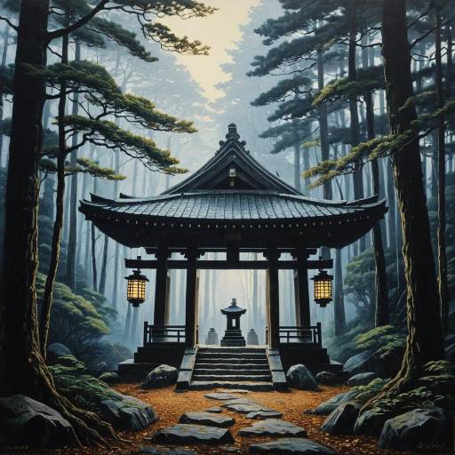 Misty Japanese Forest Shrine Painting