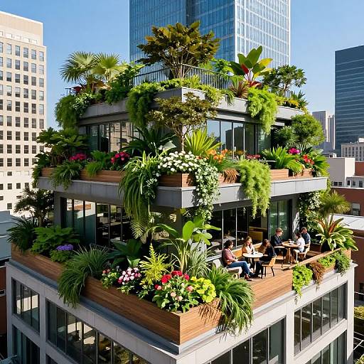 Photograph of a modern rooftop garden terrace on a high-rise building, filled with lush green plants, vibrant flowers, and three people dining at tables.
